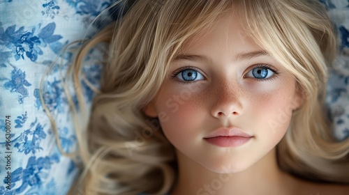 dreamy portrait of young girl with flowing blonde hair resting on blue floral fabric soft focus and ethereal lighting