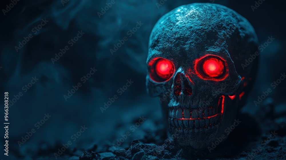 A glowing skull with red eyes, surrounded by smoke, creating a spooky atmosphere. A glowing skull with red eyes, surrounded by smoke, creating a spooky atmosphere.