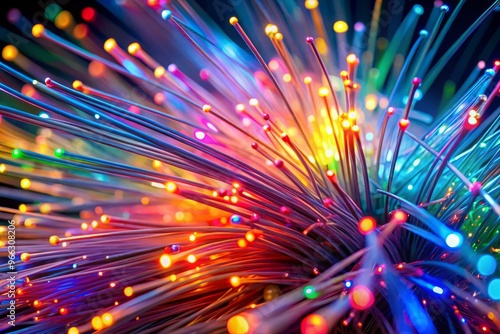 Vibrant macro shot of colorful optical fibers tangled together, showcasing complex network of thin glass or plastic photo