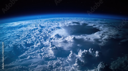 Close-up satellite photograph of a major storm front with dramatic cloud formations and visible lightning, illustrating its power