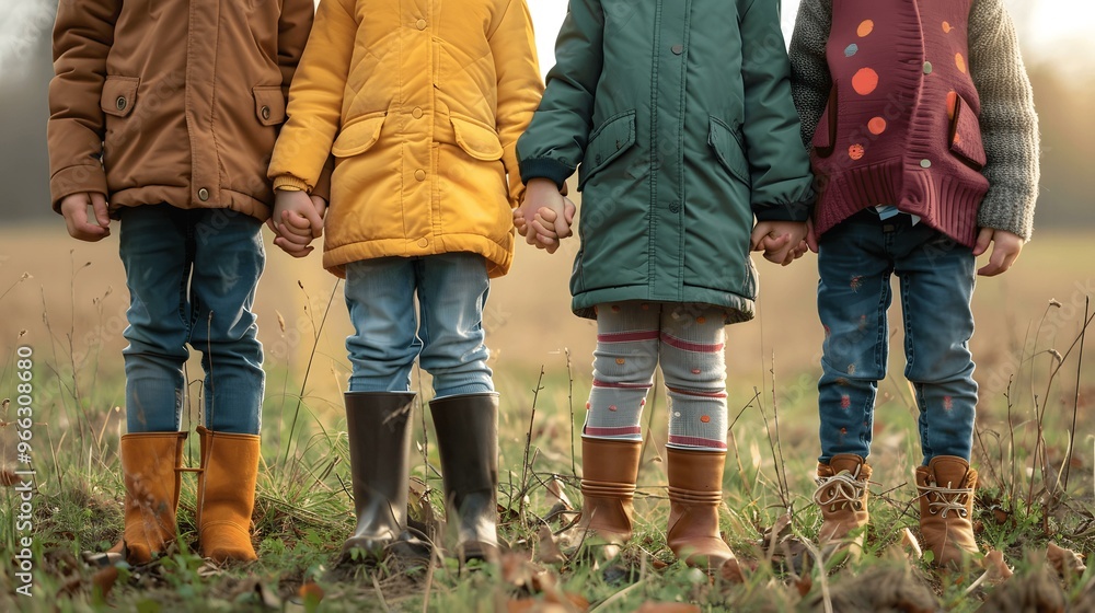 Children Holding Hands in Colorful Coats and Boots in Autumn Field Children Holding Hands in Colorful Coats and Boots in Autumn Field