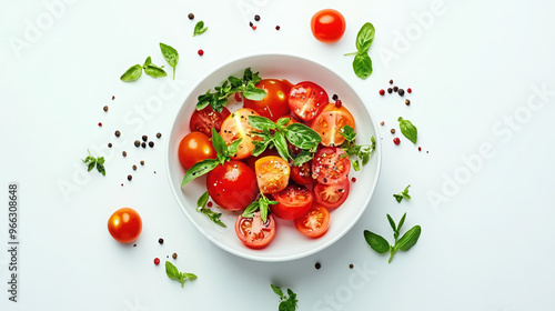 tomatoes basil salad food freshness vegetables ingredients healthy organic red round nature culinary rustic vibrant colorful close-up plate herbs garnishing 