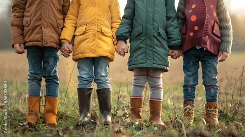 Children Holding Hands in Colorful Coats and Boots in Autumn Field