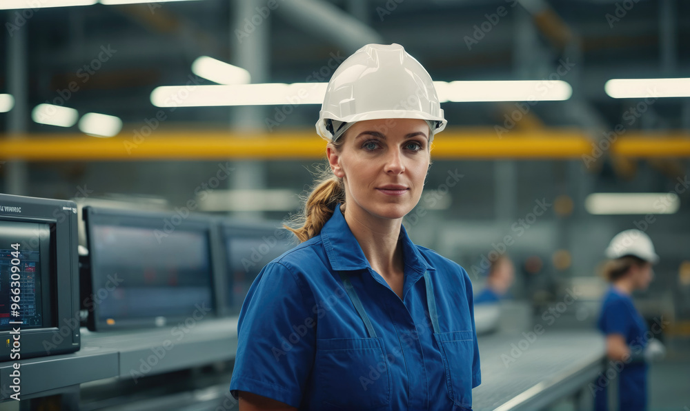A woman in a hard hat stands in a factory, looking directly at the camera A woman in a hard hat stands in a factory, looking directly at the camera