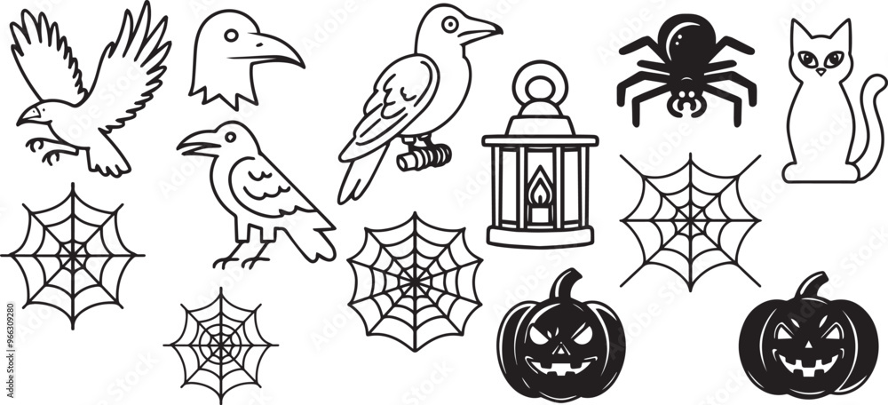 Fototapeta premium Set line art cat contour animal drawing raven bird clipart halloween holiday party Witch minimalist icon spider web lantern prop Gothic sticker design element outline scary theme creepy character item