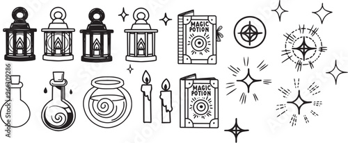 Witch Set line art magic book drawing clipart halloween holiday party candle lantern minimalist icons magical potion bottle item prop Gothic sticker design elements occult scary contour design poison