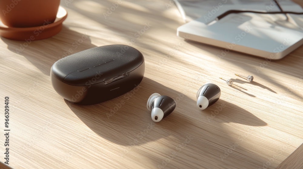 Modern hearing aids resting in a charging case on a wooden table. The hearing aids are small and sleek Modern hearing aids resting in a charging case on a wooden table. The hearing aids are small and sleek