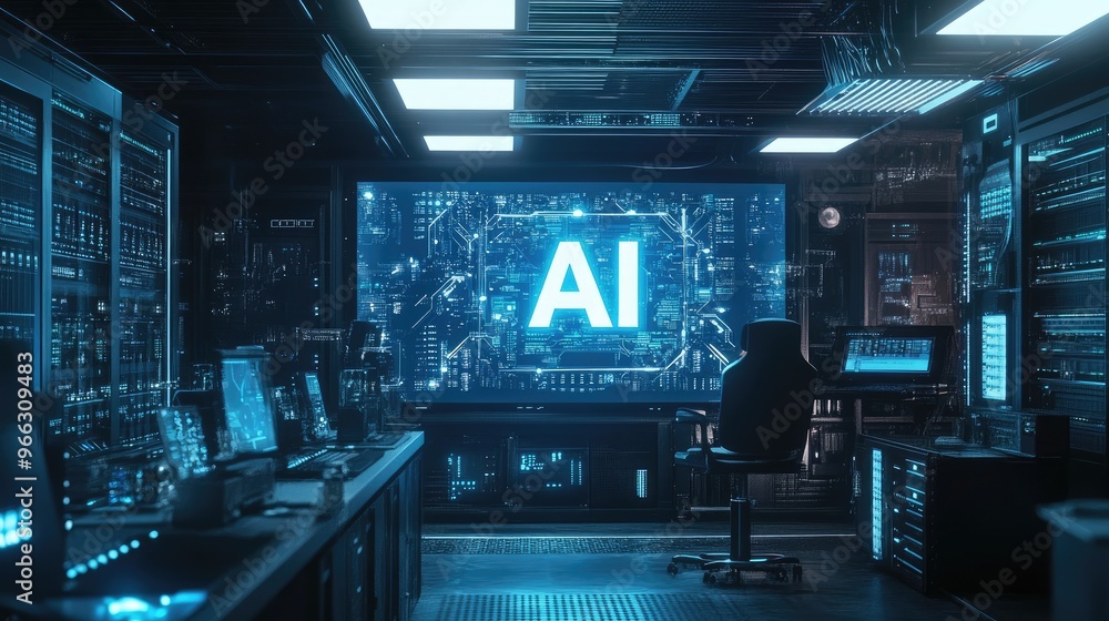 A futuristic workspace with a digital screen showing A futuristic workspace with a digital screen showing