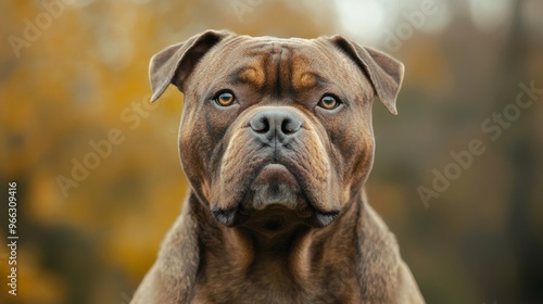 Close-up of brown dog with serious expression, autumn background. Animal portrait and nature concept