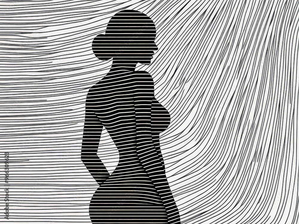 Silhouette of Woman with Curved Lines Creating Optical Illusion in Black and White Abstract Art