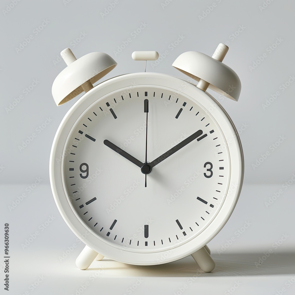 A minimalist white alarm clock, isolated on a white background. Bright lighting accentuates the clean design and clear numerals of the clock. A minimalist white alarm clock, isolated on a white background. Bright lighting accentuates the clean design and clear numerals of the clock.