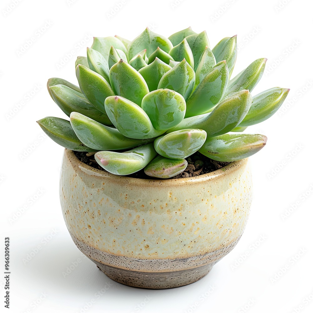 A miniature succulent plant in a small ceramic pot, isolated on a white background. The plant's vibrant green leaves are highlighted by the clear, bright lighting. A miniature succulent plant in a small ceramic pot, isolated on a white background. The plant's vibrant green leaves are highlighted by the clear, bright lighting.