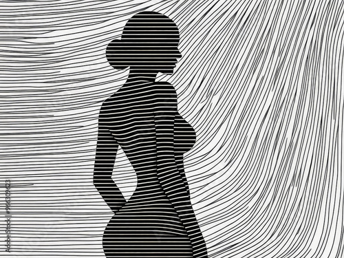 Obraz na płótnie Silhouette of Woman with Curved Lines Creating Optical Illusion in Black and White Abstract Art w salonie