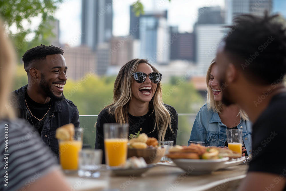 A group of people are sitting around a table with food and drinks, smiling A group of people are sitting around a table with food and drinks, smiling