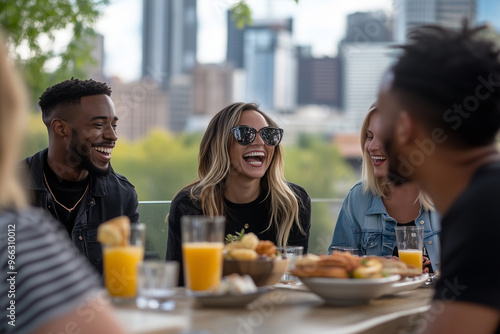 A group of people are sitting around a table with food and drinks, smiling