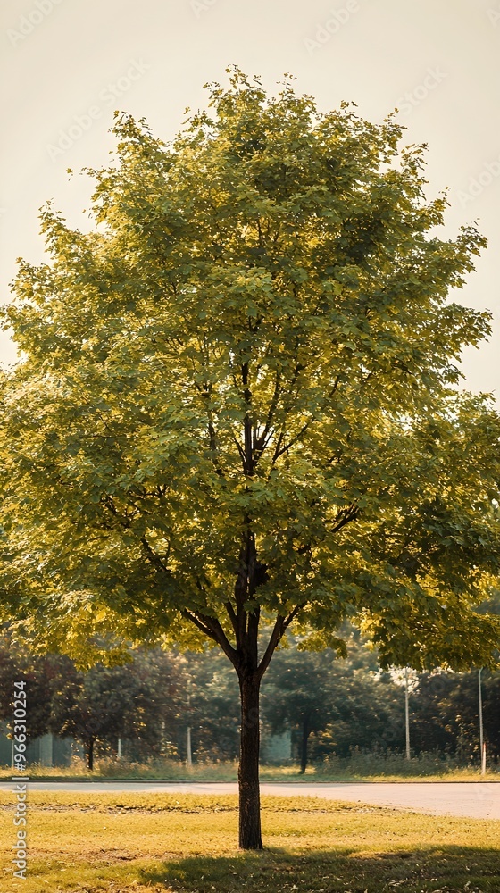 Naklejka premium A wide shot of a full tree with abundant foliage, framed by a light color background, ideal for adding custom text or graphics,No blurriness
