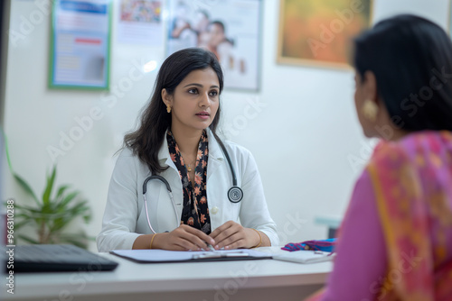 A woman is sitting at a desk with a doctor