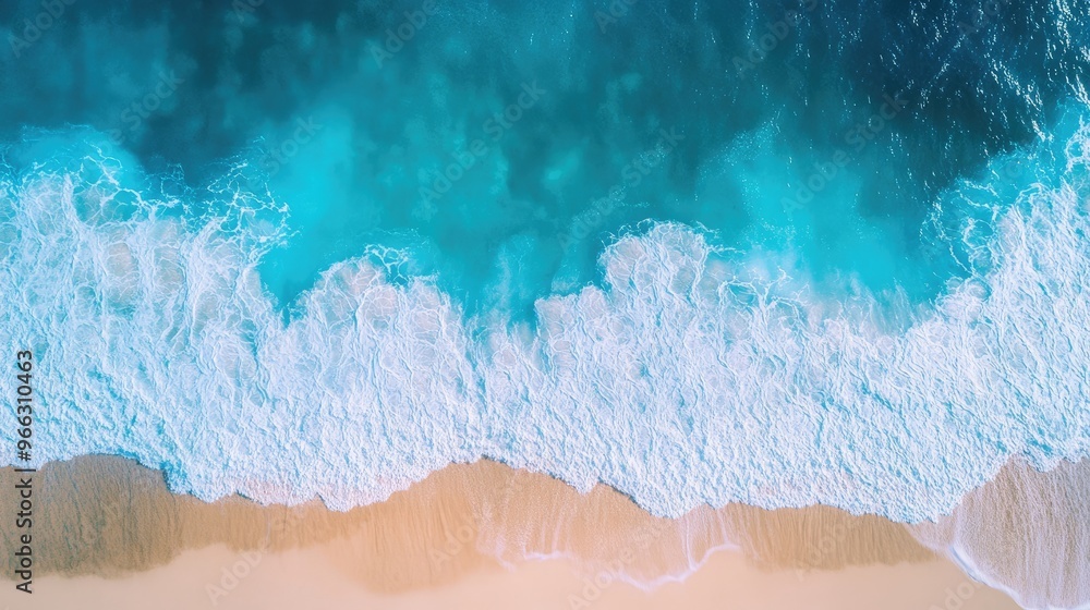 Aerial image of a brilliant blue sea on a clear, sunny day, featuring splashing waves and a sandy coastline Aerial image of a brilliant blue sea on a clear, sunny day, featuring splashing waves and a sandy coastline