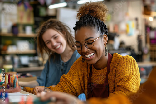 Two women are smiling and laughing while working on a craft project