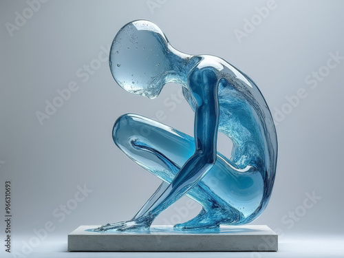 Crouching glass-like humanoid figure with translucent body, intricate design representing a futuristic concept of human form and fluidity, set on a minimalist platform.