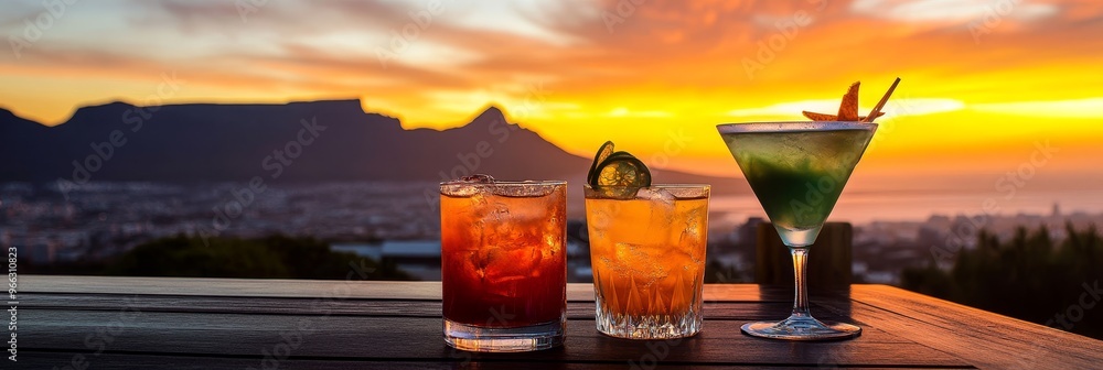 Obraz premium Three cocktails on a wooden table with a scenic sunset view of Table Mountain in the background. The image symbolizes relaxation, luxury, travel, and beautiful scenery.
