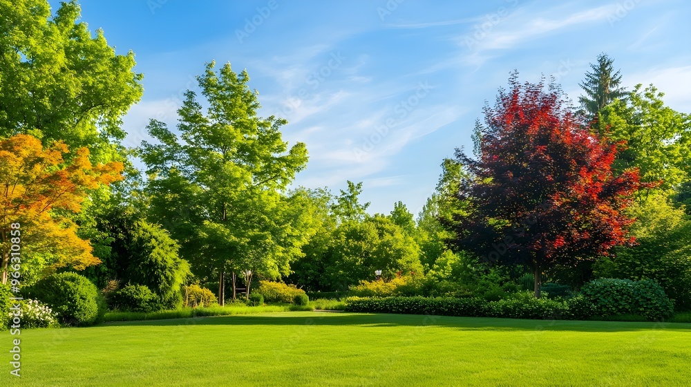 A serene landscape featuring a well-maintained garden with vibrant trees and a clear blue sky, emphasizing the beauty of tree care,No blurriness A serene landscape featuring a well-maintained garden with vibrant trees and a clear blue sky, emphasizing the beauty of tree care,No blurriness