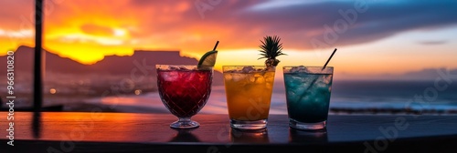 Three colorful cocktails sit on a bar counter with a stunning view of Table Mountain at sunset. The scene evokes a sense of relaxation, luxury, and adventure.