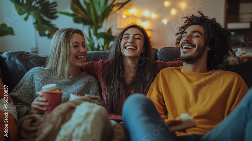 Three people are sitting on a couch, laughing and enjoying each other's company