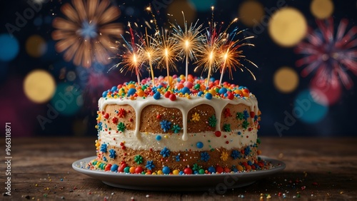 New year cake with fireworks 