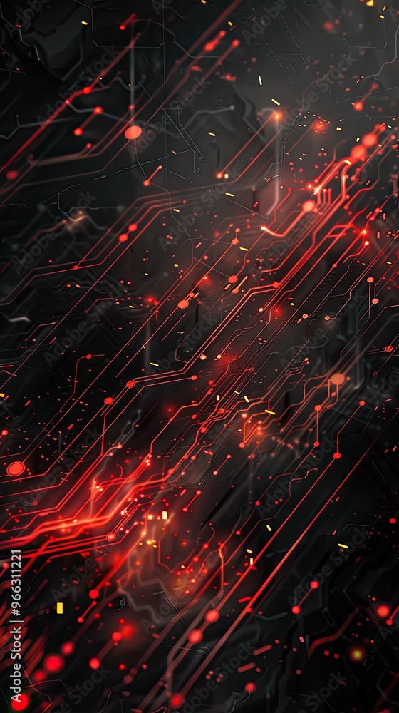 Fototapeta premium A techie and sports-oriented PowerPoint background designed in black and red, incorporating elements like digital speed lines and circuit patterns.