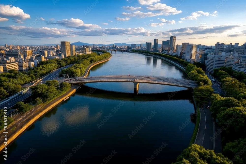 Fototapeta premium Osakaâ€™s iconic bridges, crossing rivers and canals, with views of the city stretching out on both sides