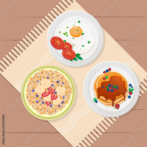 Concept of healthy breakfast. Three breakfast options:eggs with tomatoes and parsley;pancakes with berries; porrige with fruit and sesame seeds. Vector illustration on beige, brown background.
