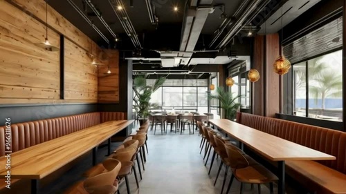 interior of a restaurant with chairs and table