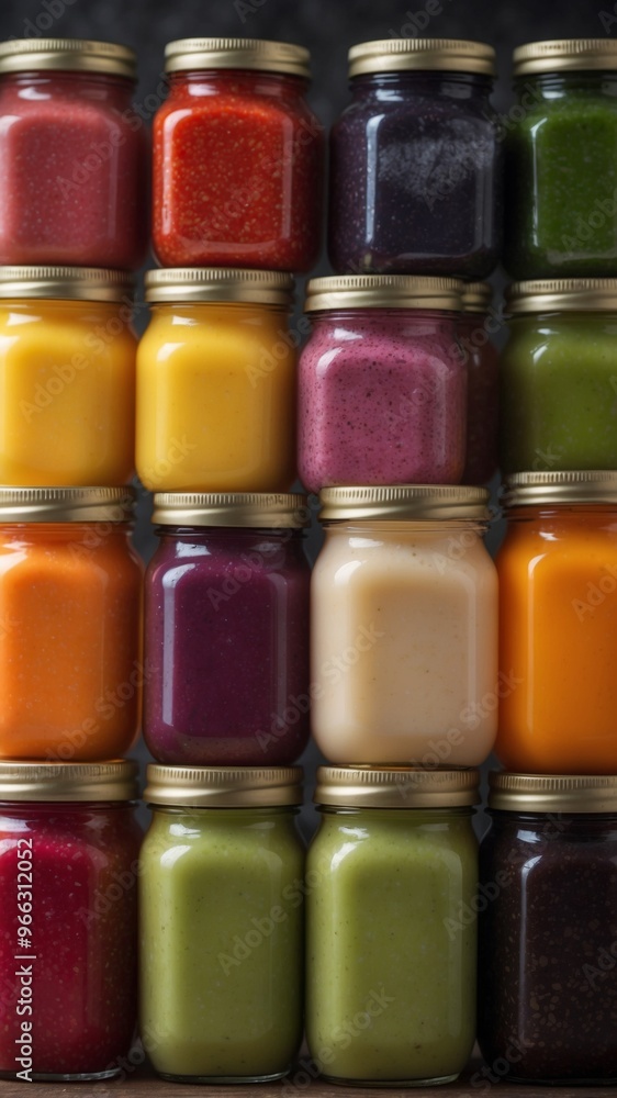 Naklejka premium Colorful Smoothie Bottles with Fresh Fruits and Vegetables.