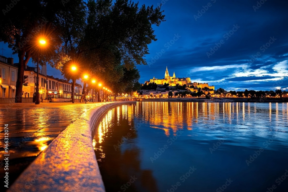 The Rhône River at dusk, with street lamps reflecting on the water and Avignon’s medieval skyline illuminated in the background The Rhône River at dusk, with street lamps reflecting on the water and Avignon’s medieval skyline illuminated in the background