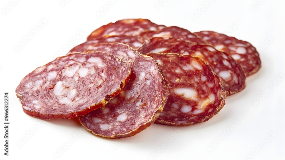 9. Slices of dry-cured salami with a rich red color and visible fat marbling, isolated on a clean, white background 9. Slices of dry-cured salami with a rich red color and visible fat marbling, isolated on a clean, white background