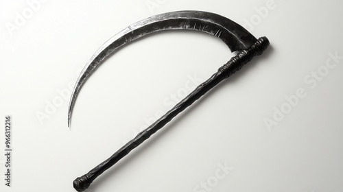 A curved, metallic scythe with a long handle, often associated with harvesting or symbolism.