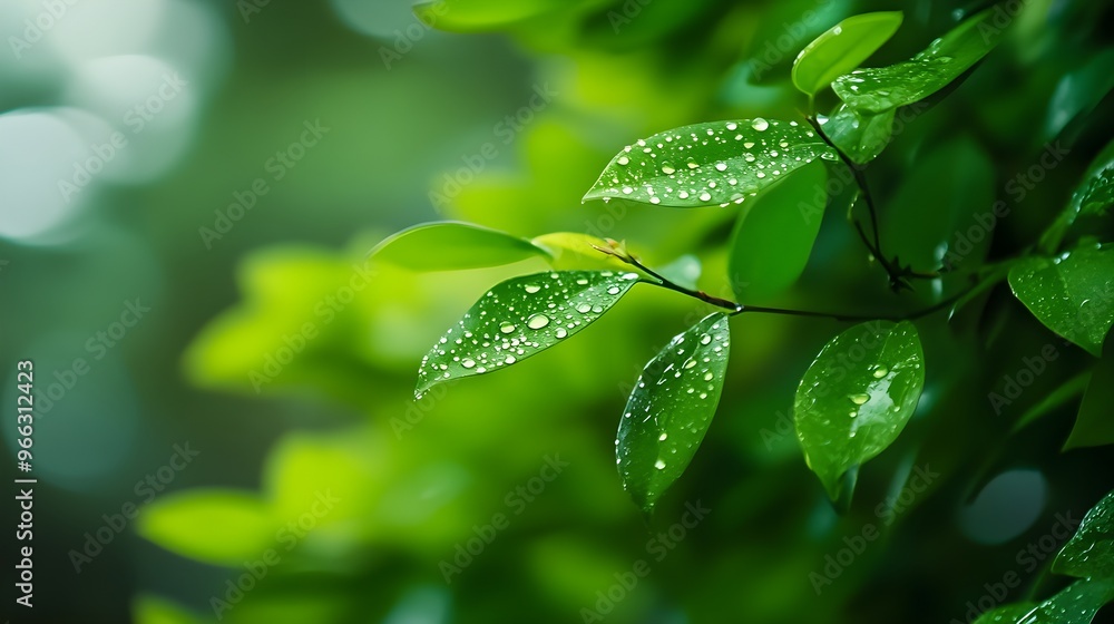 A close-up of dew drops on vibrant green leaves, with a blurred background of flowing water giving a sense of tranquility,No blurriness A close-up of dew drops on vibrant green leaves, with a blurred background of flowing water giving a sense of tranquility,No blurriness