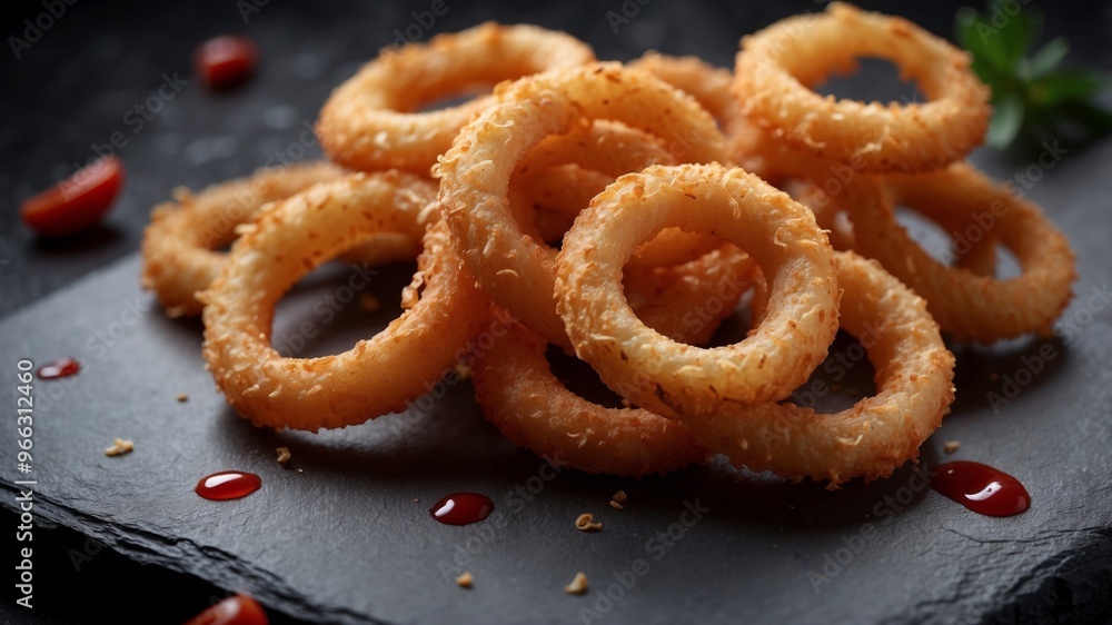 Close up of fried crispy onion rings with ketchup sauce on black slate board on concrete background. Close up of fried crispy onion rings with ketchup sauce on black slate board on concrete background.