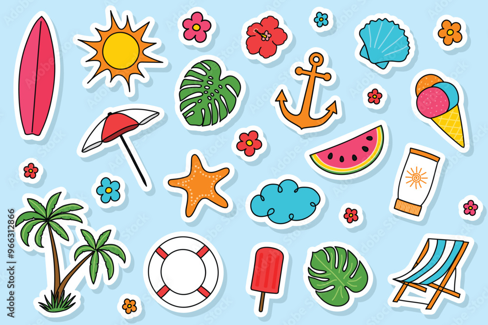 Cute summer icon set. Hand drawn stickers. Vector illustration Cute summer icon set. Hand drawn stickers. Vector illustration