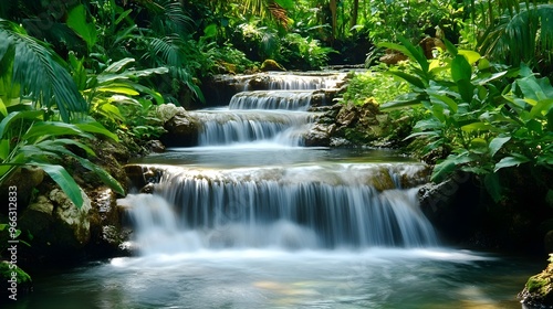 A serene image of water flowing in a stream, surrounded by lush greenery and light pastel hues,No blurriness