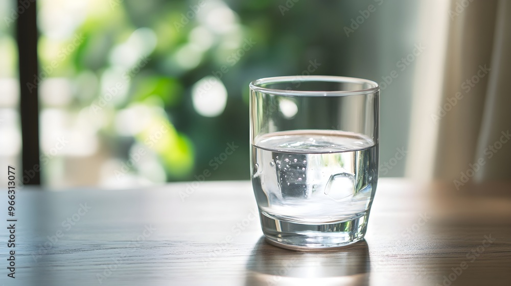A clear glass of fresh drinking water placed on a textured wooden table, with natural light streaming in from a nearby window,No blurriness A clear glass of fresh drinking water placed on a textured wooden table, with natural light streaming in from a nearby window,No blurriness
