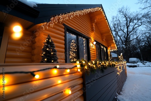 Twinkling icicle lights hanging from a roof, making the house look like it's covered in sparkling frozen crystals photo