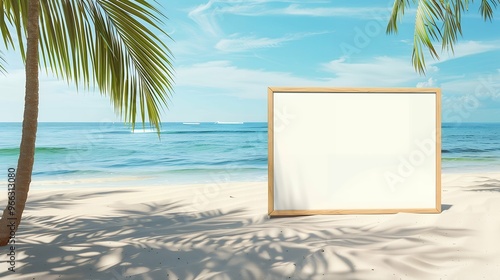 Versatile Mockup of a Blank White Poster Sign on a Stunning Beach – Ideal for Coastal Advertising, Summer Promotions, and Creative Outdoor Marketing Visuals