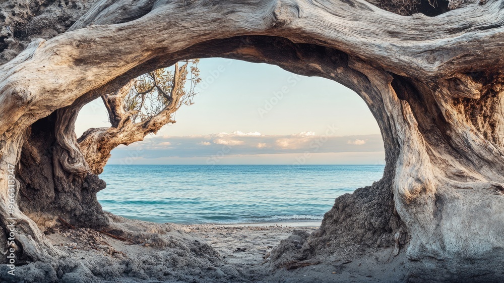 Fototapeta premium Rustic driftwood arch framing a peaceful view of a serene beach and calm sea.