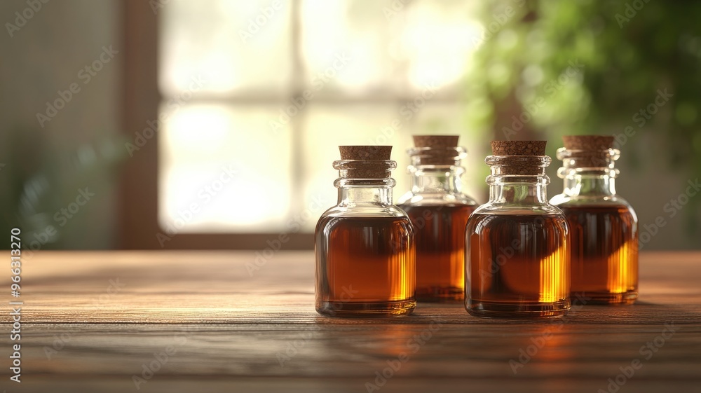 Glass bottles filled with amber-colored aromatherapy oils on a wooden surface. Glass bottles filled with amber-colored aromatherapy oils on a wooden surface.