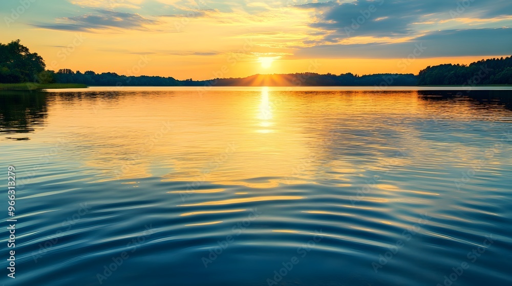 Gentle ripples on a crystal-clear lake, illuminated by the golden glow of sunset, perfect for serene backgrounds,No blurriness Gentle ripples on a crystal-clear lake, illuminated by the golden glow of sunset, perfect for serene backgrounds,No blurriness