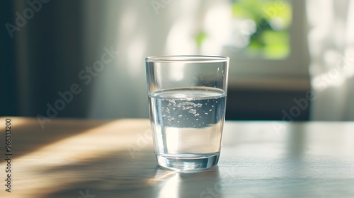 A clear glass of fresh drinking water placed on a textured wooden table, with natural light streaming in from a nearby window,No blurriness