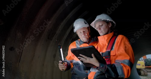 A couple of senior civil engineers are collaborating in the tunnel of a sewage drain, using a digital tablet to inspect the construction of a huge water pipe on a new highway road project.