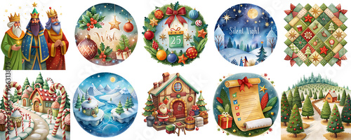 Christmas-themed illustrations with Three Wise Men, nativity scenes, and holiday landscapes, colorful holiday elements with festive decorations